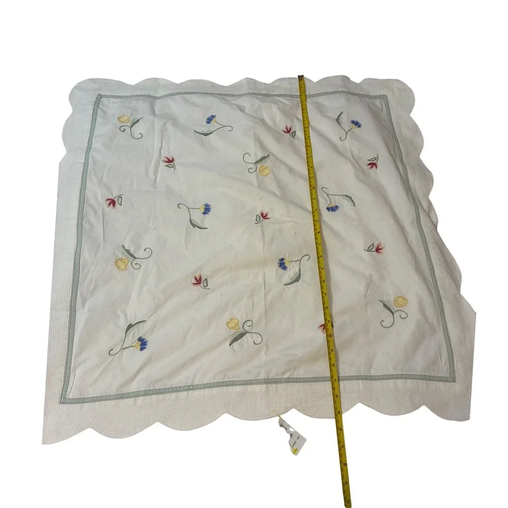 Cottagecore Floral Embroidered Scalloped Waffle Weave Square Pillow Sham 30x30